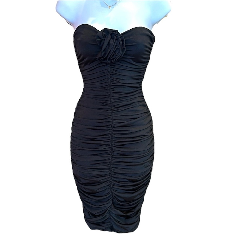 APRICOT LANE BLACK TUBE DRESS ROSETTE DETAIL RUCHED WOMENS
